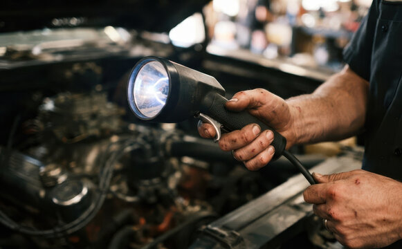 Middle aged male mechanic holding a timing light to check engine in an automotive repair shop