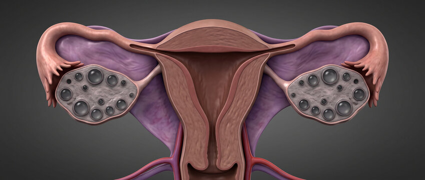 3D medical visualization of ovaries containing numerous small follicles, illustrating multifollicular ovarian morphology, PCOS, hormonal imbalance, ovulation disorders, and female reproductive health.