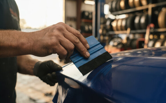 Professional worker wrapping a blue car with vinyl film using a squeegee in a workshop for automotive customization and paint protection