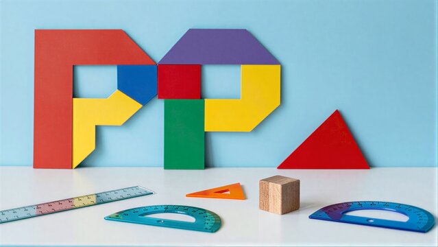 Colorful geometric shapes and measuring tools on a bright, clean surface.
