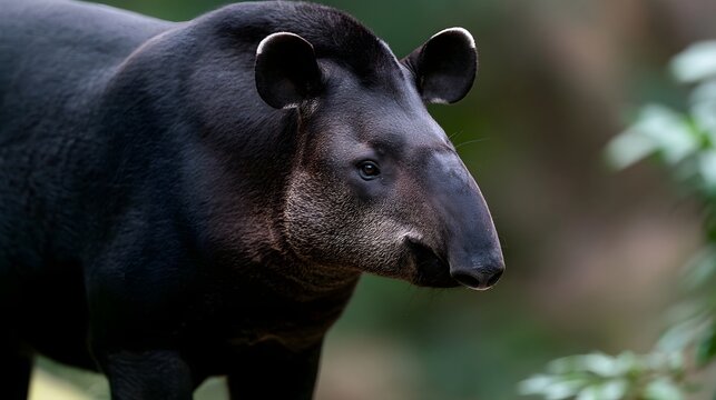 A close up of a tapir standing in a forested area with soft natural lighting and blurred greenery in the background