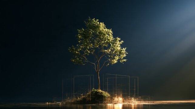 an isolated tree stands in the center of an intricate digital landscape, surrounded by futuristic looking light projections emanating from its branches