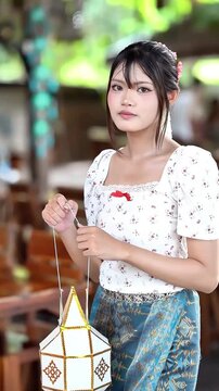 Slow motion of a beautiful Asian woman in traditional Lanna dress holding a Lanna paper lantern at Wat Ton Kwen, Chiang Mai, Thailand.