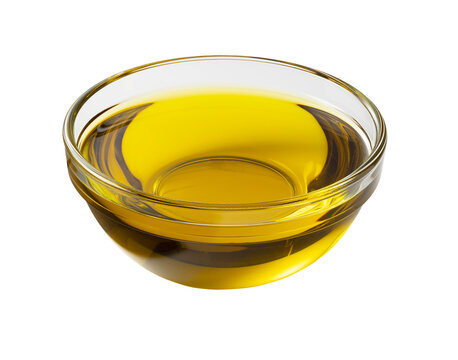 Extra virgin olive oil in a small glass bowl isolated on transparent background