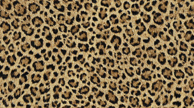 A highly detailed, realistic leopard print pattern for party foil fringe curtain, mimicking authentic leopard fur texture with golden-brown base.
