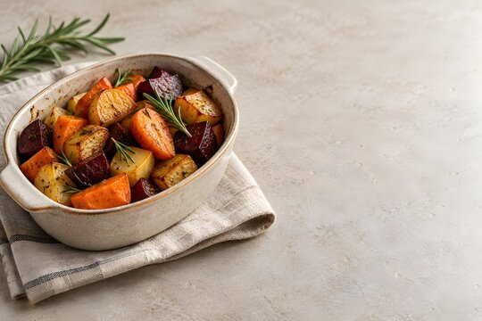 Roasted root vegetables with rosemary in a ceramic baking dish on a beige kitchen cloth