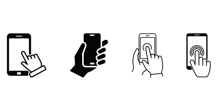 phone icon Four hands using smartphone touch gestures and fingerprint scanner