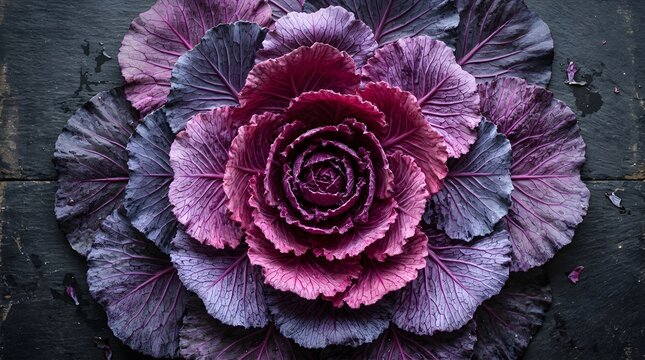 Red cabbage leaves arranged