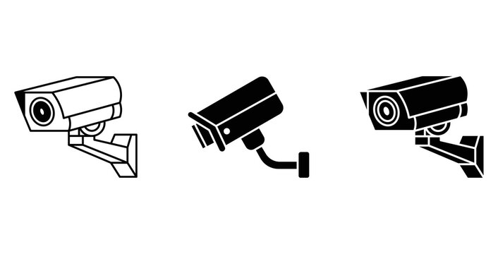 Camera icon set Three black surveillance cameras on white background