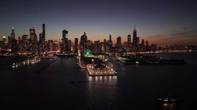  Aerial View of Chicago Downtown Skyline at Sunset Over Lake Michigan and Navy Pier on October 6, 2026