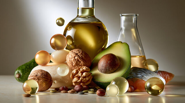 Extra virgin olive oil avocado walnuts seeds and oily fish with lipid molecules showcasing metabolic health and nutrition science