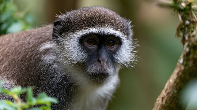 A close up of a monkey with dark fur  white facial markings  and brown eyes  looking directly at the in a forest setting