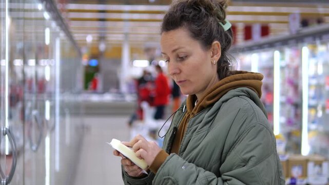 Woman studies smartphone during grocery shopping, tapping screen with thoughtful expression. Supermarket customer checks shopping details and considers budget choices near chilled displays.