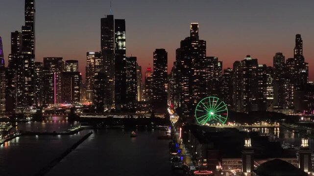 Aerial View of Chicago Skyline at Sunset with Navy Pier and Lake Michigan on October 6 2026