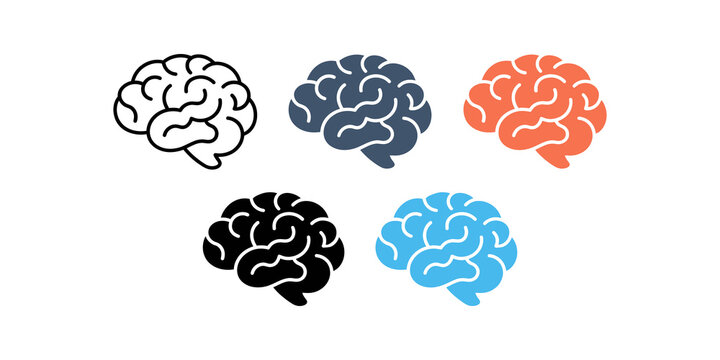 Set of brain icons in different colors representing thought and intellect.