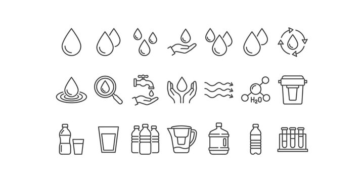 Water drop icons set depicting purity and usage for conservation