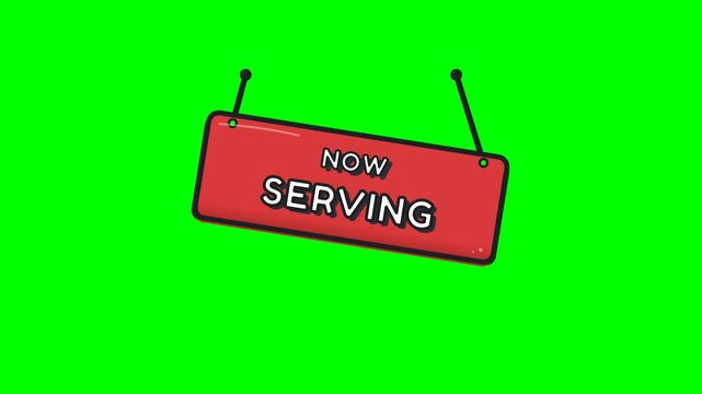 Playful comic-style NOW SERVING hanging signboard drops into frame, swings naturally from its rope suspension, gently sways in the breeze, then unhook.