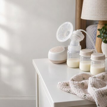 Electric breast pump with bottles of breast milk muslin cloth on white dresser in soft light, nobody