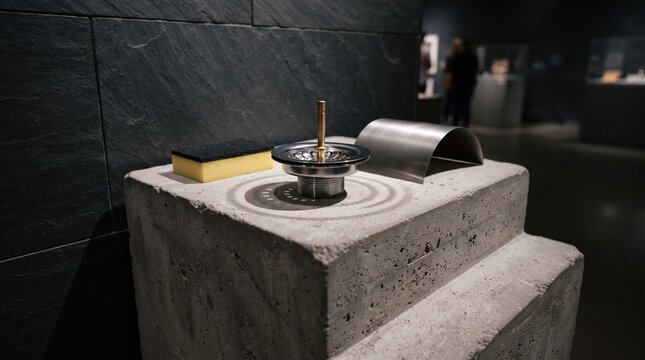 Exhibition of small metal and sponge objects on concrete block pedestals