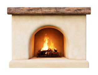 Fototapeta premium PNG Rustic fireplace with glowing fire and wooden mantel