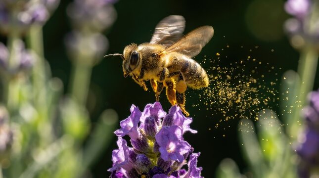 Honeybee flying over purple lavender flower with sparkling pollen dust