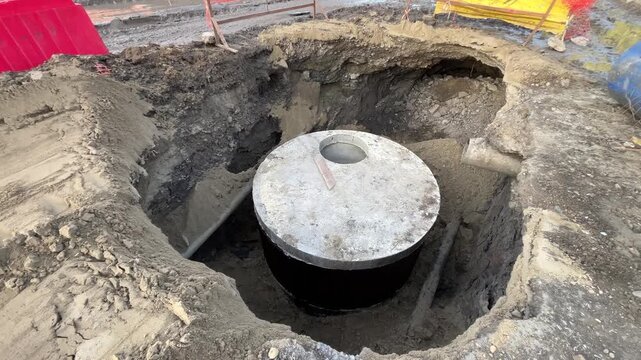 Survey of deep excavated trench with sewer pipes and sewage manhole. Large concrete ring