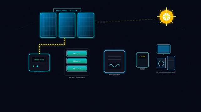 Solar energy system diagram showing how electricity flows from panels to batteries and inverter for home power supply management solutions providing sustainable renewable natural current