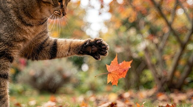 Playful tabby cat paw reaching for a falling orange maple leaf in autumn