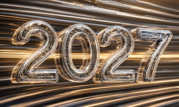 Shiny 2027 numbers glowing against dynamic golden motion blur background.