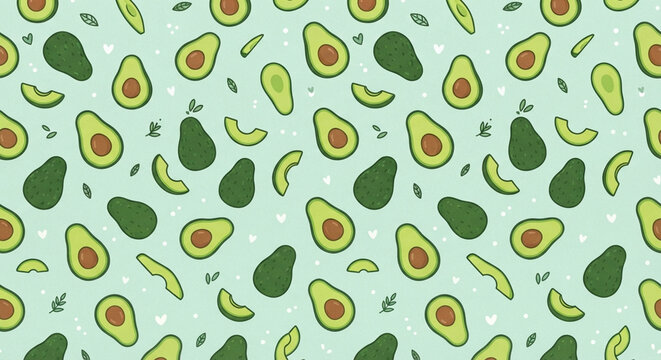 Seamless pattern with cute avocados and leaves on a pastel green background