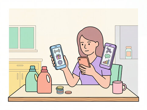 Flat Vector Illustration of Shopper Comparing Mobile Offers with Laundry Bottles and Coins