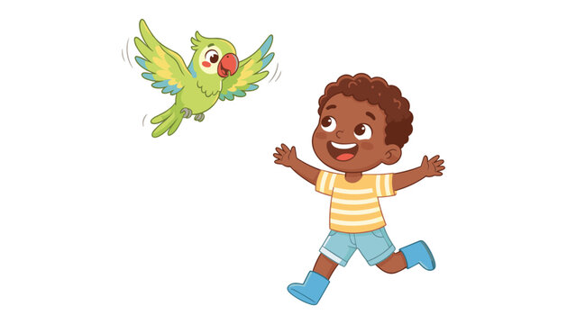 Cute happy black boy running and playing with flying green parrot bird friend vector illustration cartoon isolated on white