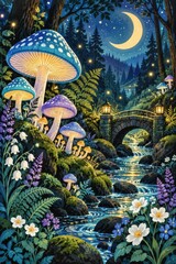 Naklejka premium Enchanted moonlit forest stream with glowing mushrooms