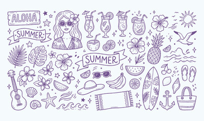 Fototapeta premium Ocean paradise vacation kit, female portrait, fresh fruit beverages clipart. Tropical summer icon. Tropical Hawaii summer exotic doodle set, vector hand drawn beach rest party cocktail illustration.
