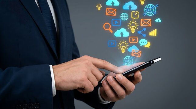 Businessman using smartphone with flying social media and cloud computing icons, digital marketing concept.