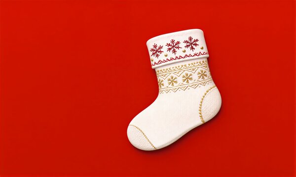 White Christmas stocking with red and gold snowflake patterns against a vibrant red background.