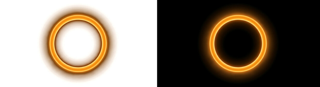 Bright golden neon ring with a soft outer glow creates a perfect luminous circle frame on transparent and black backgrounds.
