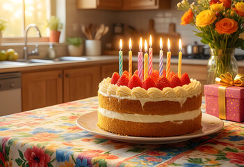 Fototapeta premium Birthday celebration and anniversary party, strawberry sponge cake with lit candles and gift box on a floral tablecloth in a cozy home kitchen interior