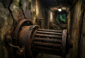 Fototapeta premium Industrial decay and urban exploration, rusted machinery in an abandoned underground tunnel with cracked concrete walls and mossy textures