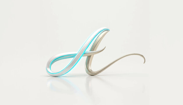 Letter A is crafted as an elegant and flowing metallic script character with glowing blue interior accents.