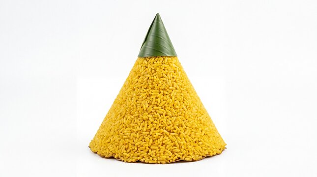 Traditional Indonesian Yellow Cone Rice Tumpeng Topped with Banana Leaf Isolated on White Background