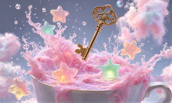 Golden key erupts from pink liquid, stars swirl in magical cup.