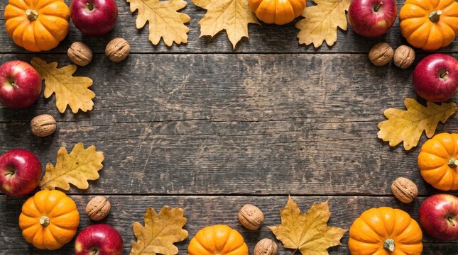 Autumn background frame with mini pumpkins, apples, nuts and dry leaves on rustic wooden board