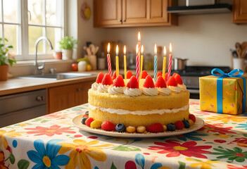 Fototapeta premium Birthday celebration and family gathering, sponge cake with strawberries and lit candles on a floral tablecloth in a cozy home kitchen with gift
