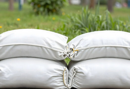 Flood protection and emergency preparedness, sandbags stacked for water damage prevention and disaster relief in a residential garden landscape