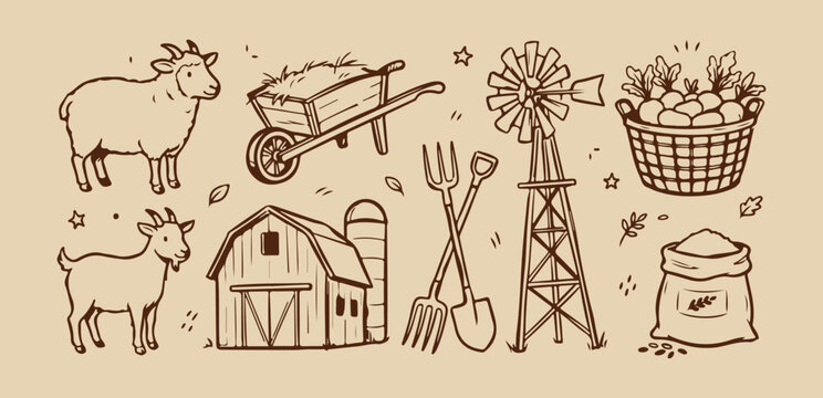 Vintage farm life illustration set, rustic hand-drawn agriculture icons in sepia line art, organic farming elements for local market branding SVG