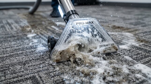 Deep carpet cleaning machine extracting dirty water from office flooring
