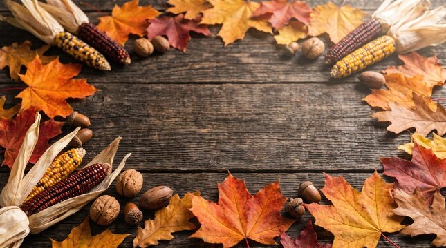 Autumn harvest background with colorful leaves, corn cobs and nuts on old rustic wooden table.