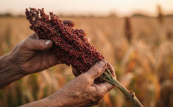 Elderly farmer hands holding harvested sorghum grain crop in sunny agricultural field