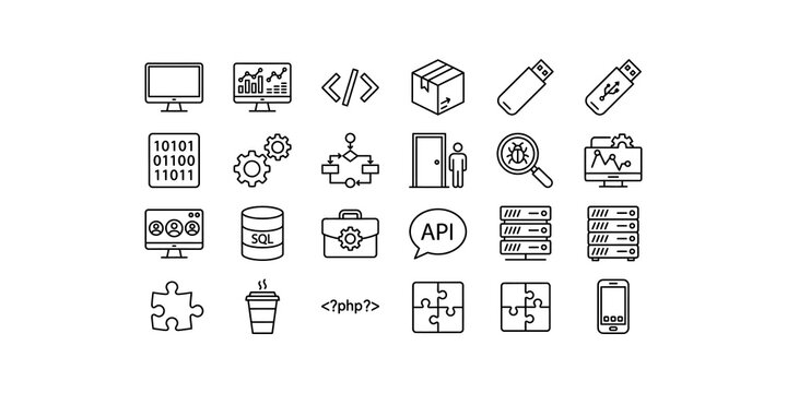 Collection of digital technology and programming icons for web and app design.